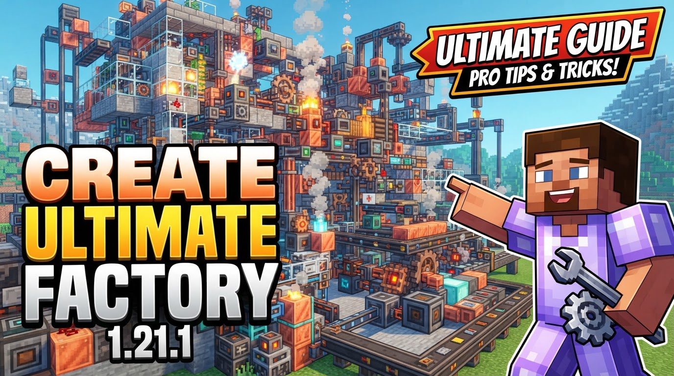 A sprawling Minecraft factory with gears, conveyor belts, and pipes, producing various resources in a vibrant, custom-generated world.