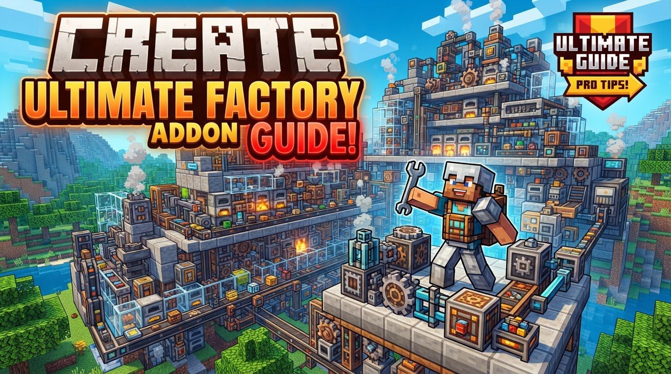 A complex Minecraft factory filled with Create mod machinery, including mechanical presses, mixers, crushing wheels, and encased fans, processing various blocks and fluids.