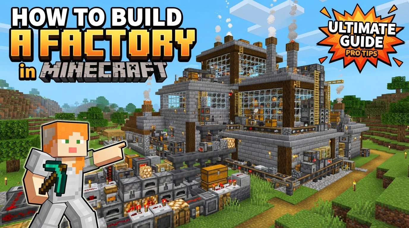 A grand, multi-tiered Minecraft factory with smoking chimneys and intricate redstone wiring visible through transparent sections.