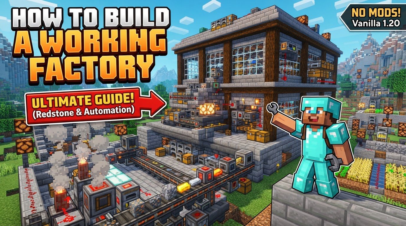An aerial view of a compact Minecraft factory with visible hoppers, furnaces, Redstone wiring, and a Crafter block, neatly organized within a stone structure.
