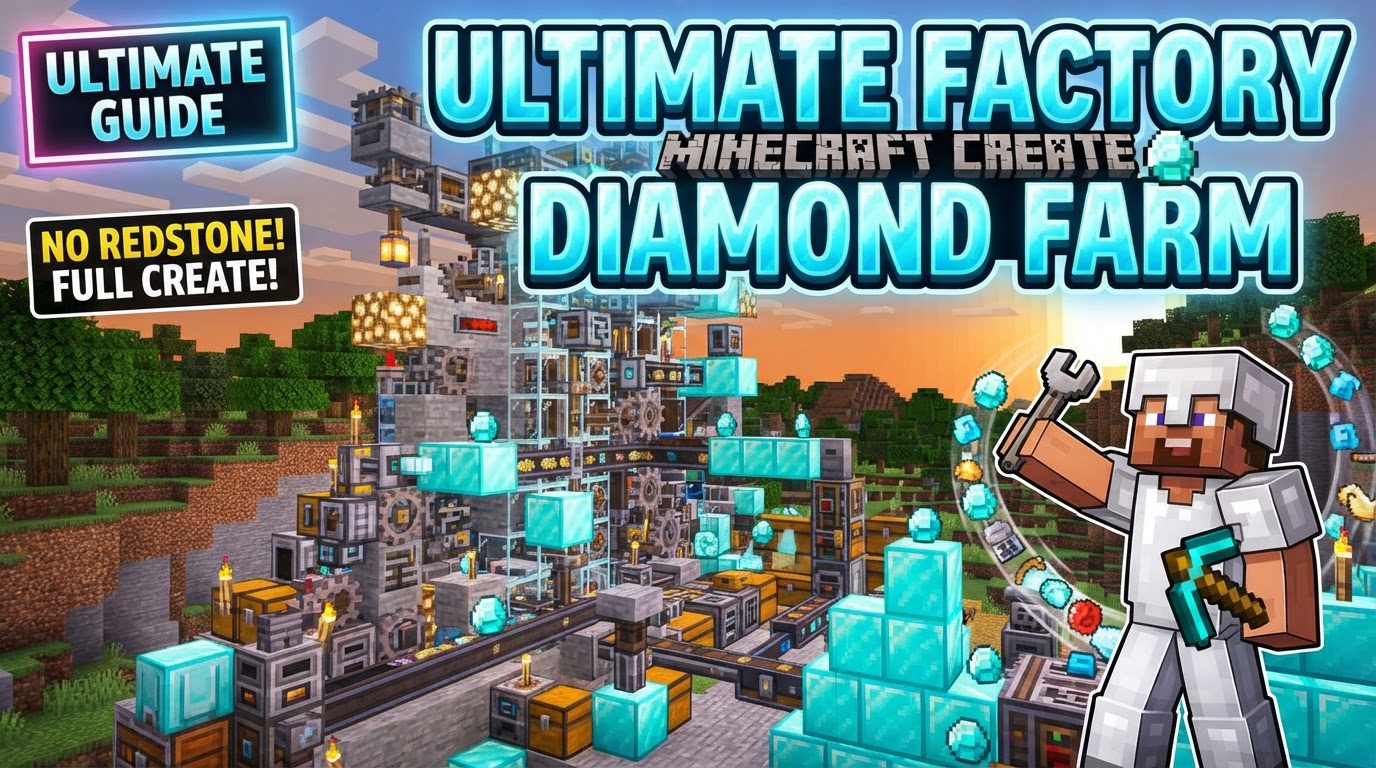 A sprawling Minecraft factory with gears turning, conveyor belts moving resources, and smoke rising from furnaces, culminating in a collection of shimmering diamonds.