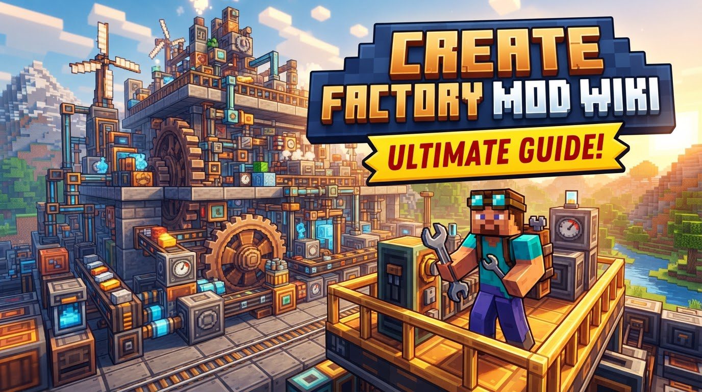 A sprawling Minecraft factory at sunset, filled with Create mod contraptions like belts, crushing wheels, and mixers, surrounded by pipes and automated resource flows.