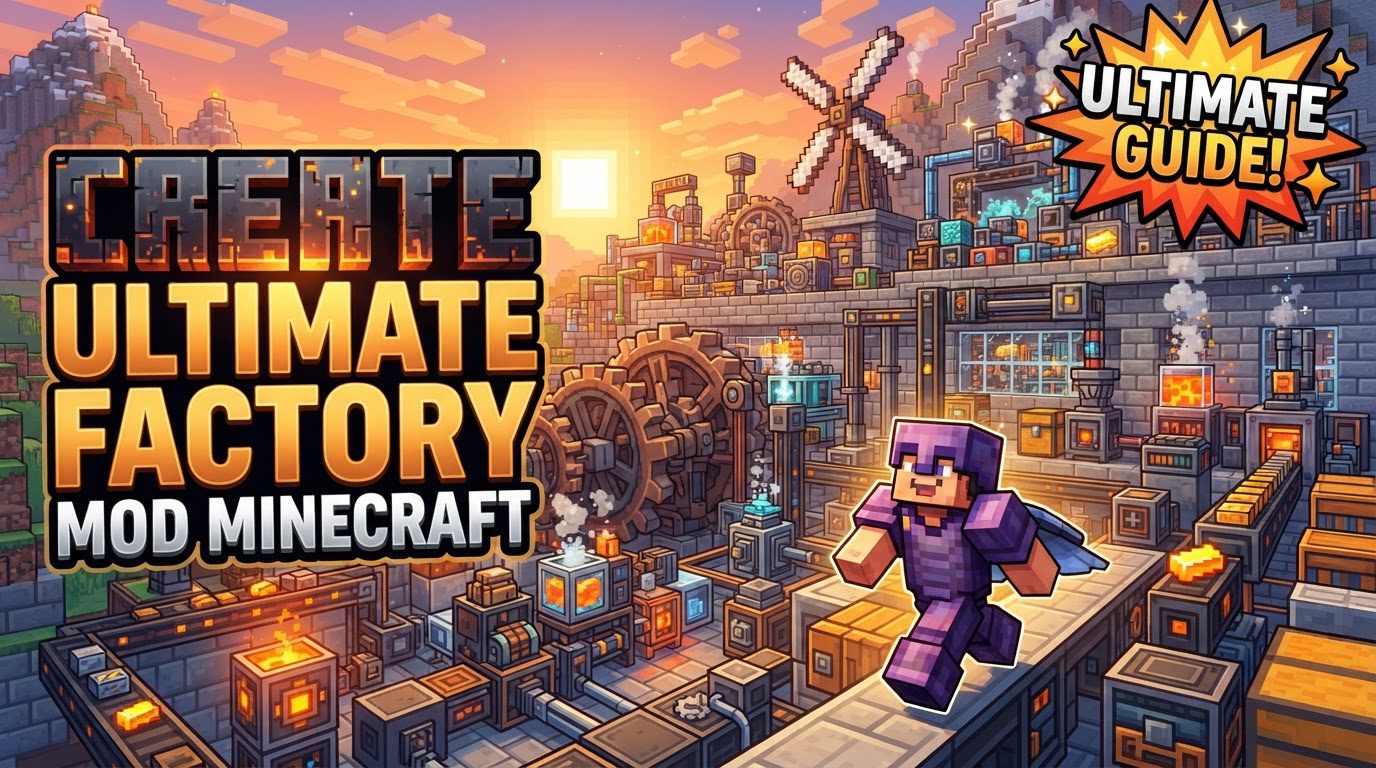 A sprawling Minecraft factory with intricate Create mod machinery, conveyor belts moving various items, and a central glowing furnace.
