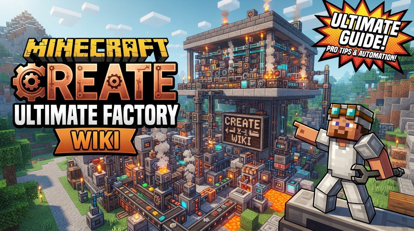 A sprawling Minecraft factory at sunset, with numerous Create mod contraptions, gears, belts, and pipes stretching across the landscape, processing various resources.