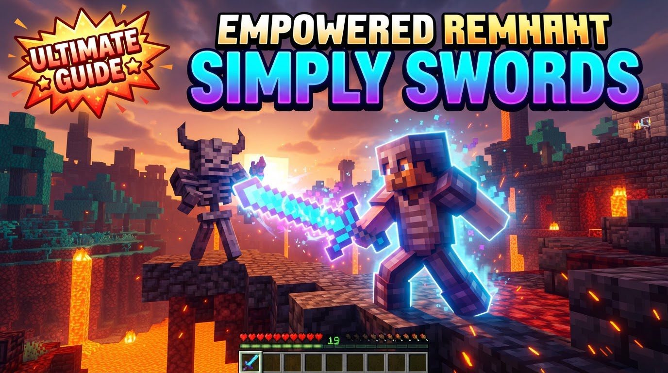 A player examining a glowing unique sword with gem sockets, while an Empowered Remnant floats beside a furnace.