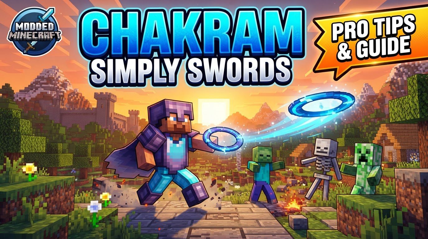 A Minecraft player dual-wielding two glowing Chakrams, mid-combat with a zombie, showing blurred motion from the unique attack animation.