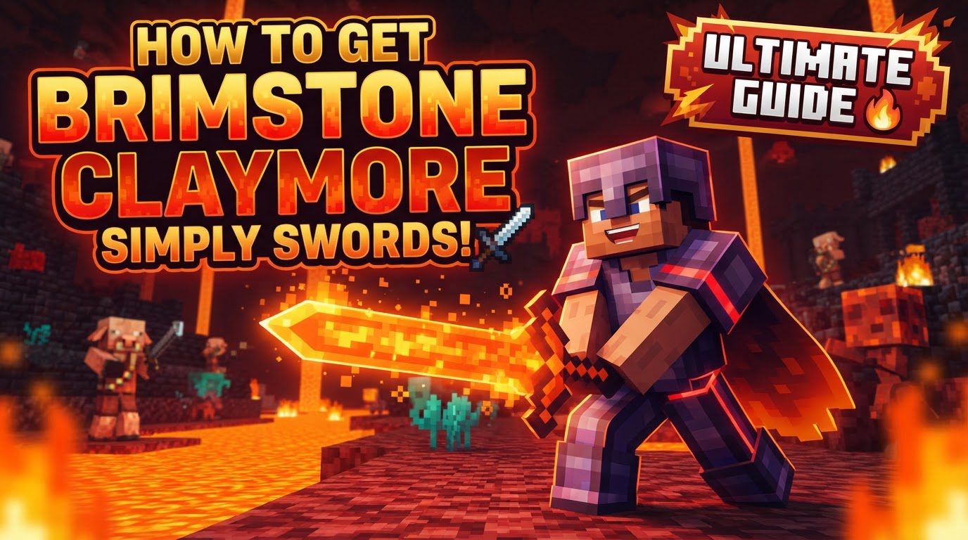 A player character in Minecraft holding a large, fiery claymore, standing in front of a defeated Wither boss, with ruins in the background.