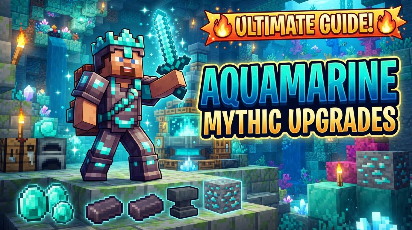 A split image showing a player in icy biome mining glowing blue ore on one side, and a Hypixel Skyblock player holding a fishing rod with glowing blue gemstones in their inventory on the other.