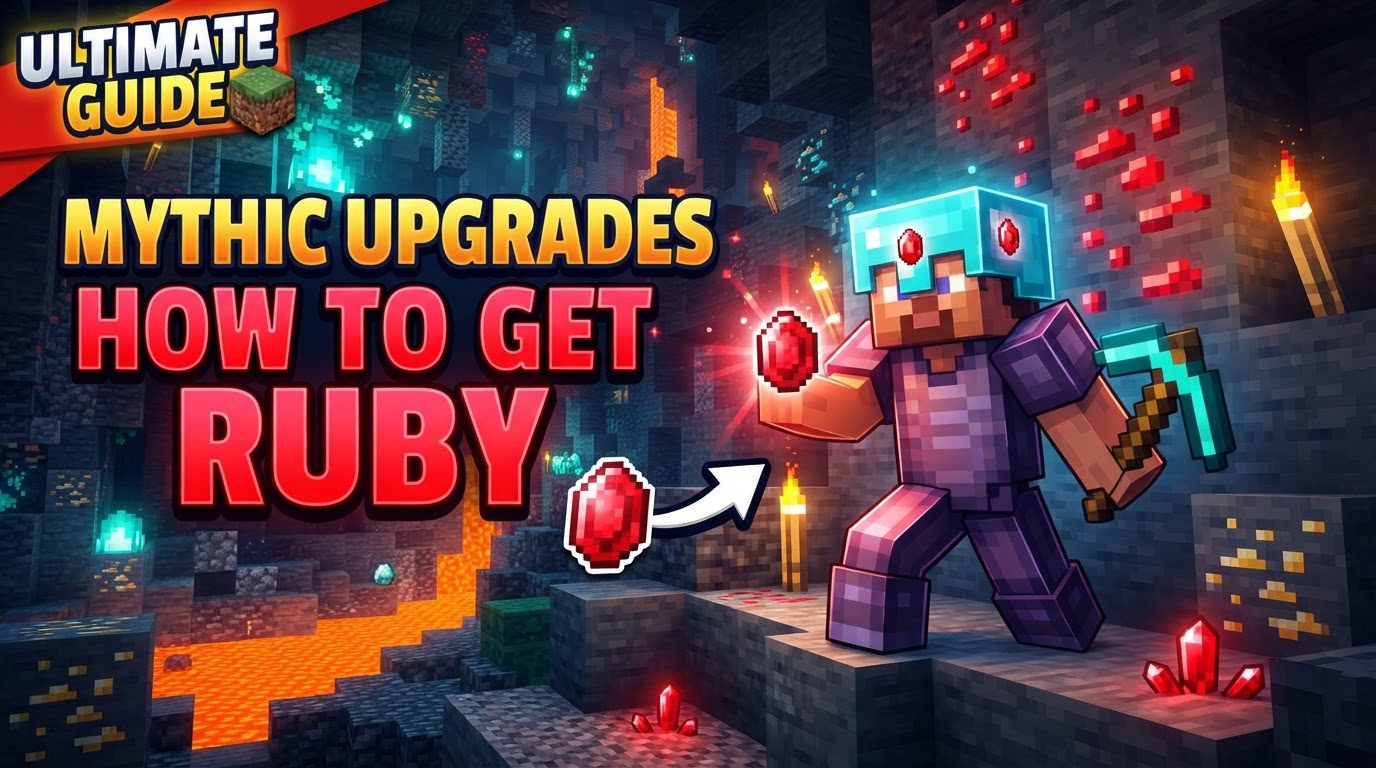 A player in a Crimson Forest biome in the Nether, mining glowing red Ruby ore with a diamond pickaxe.