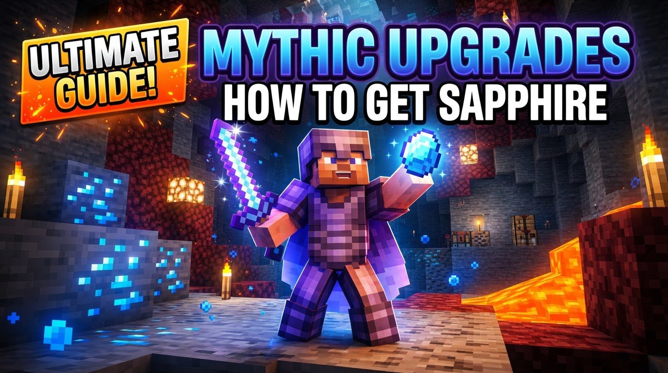 A player in full Sapphire Netherite armor stands triumphantly atop a snowy mountain, holding a glowing Sapphire sword, with a Nether Fortress visible in the distance under a red sky.