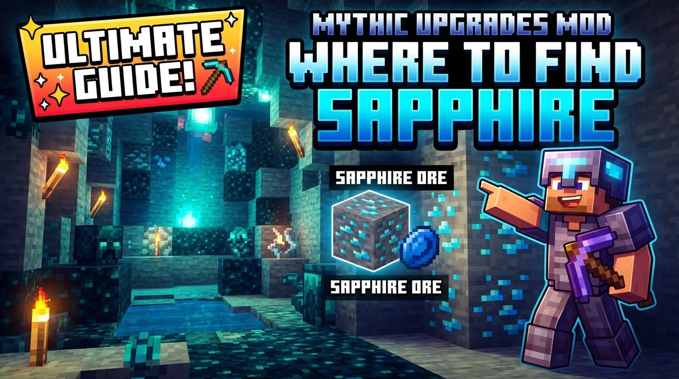 A player in Netherite armor stands in a vast Ice Spikes biome, a pickaxe ready, with towering packed ice formations all around and a faint glow of Sapphire ore visible in a nearby cave entrance.