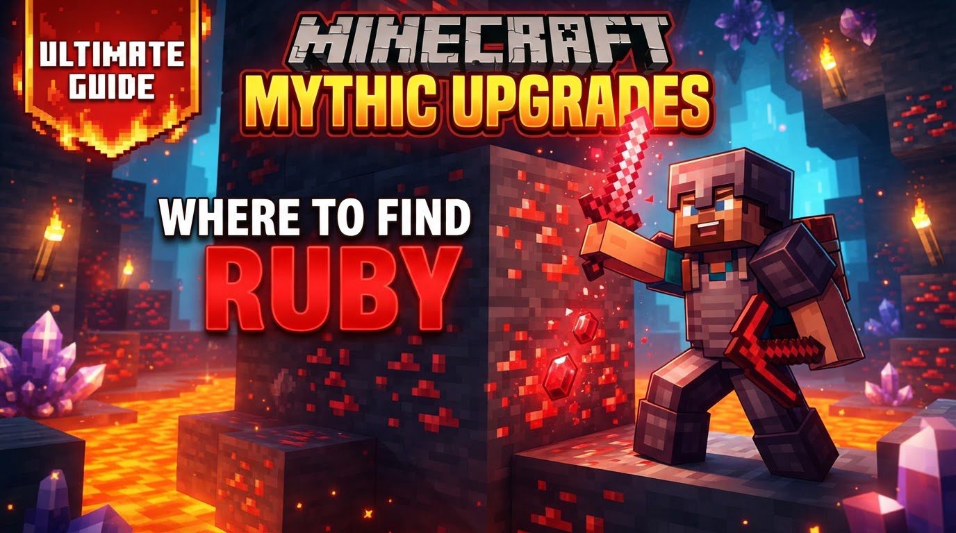 A player in Netherite armor mining glowing red Ruby ore in a Badlands biome, with a Bastion Remnant visible in the distance.