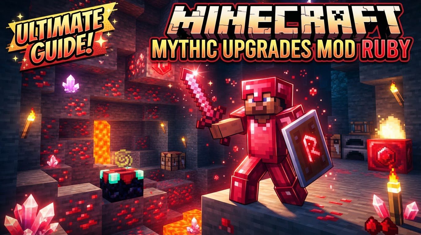 A player wearing Ruby-enhanced Netherite armor, holding a Ruby pickaxe, standing in a cave with glowing outlined ores visible due to the Spelunker effect.