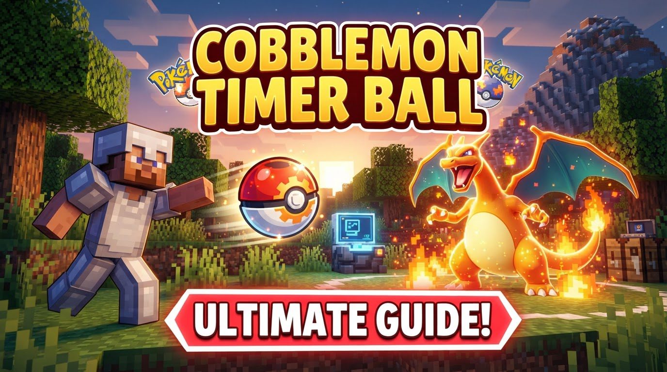 A trainer in Minecraft armor preparing to throw a Timer Ball at a large, powerful-looking wild Pokémon in a lush, green biome, with a battle interface visible on screen.