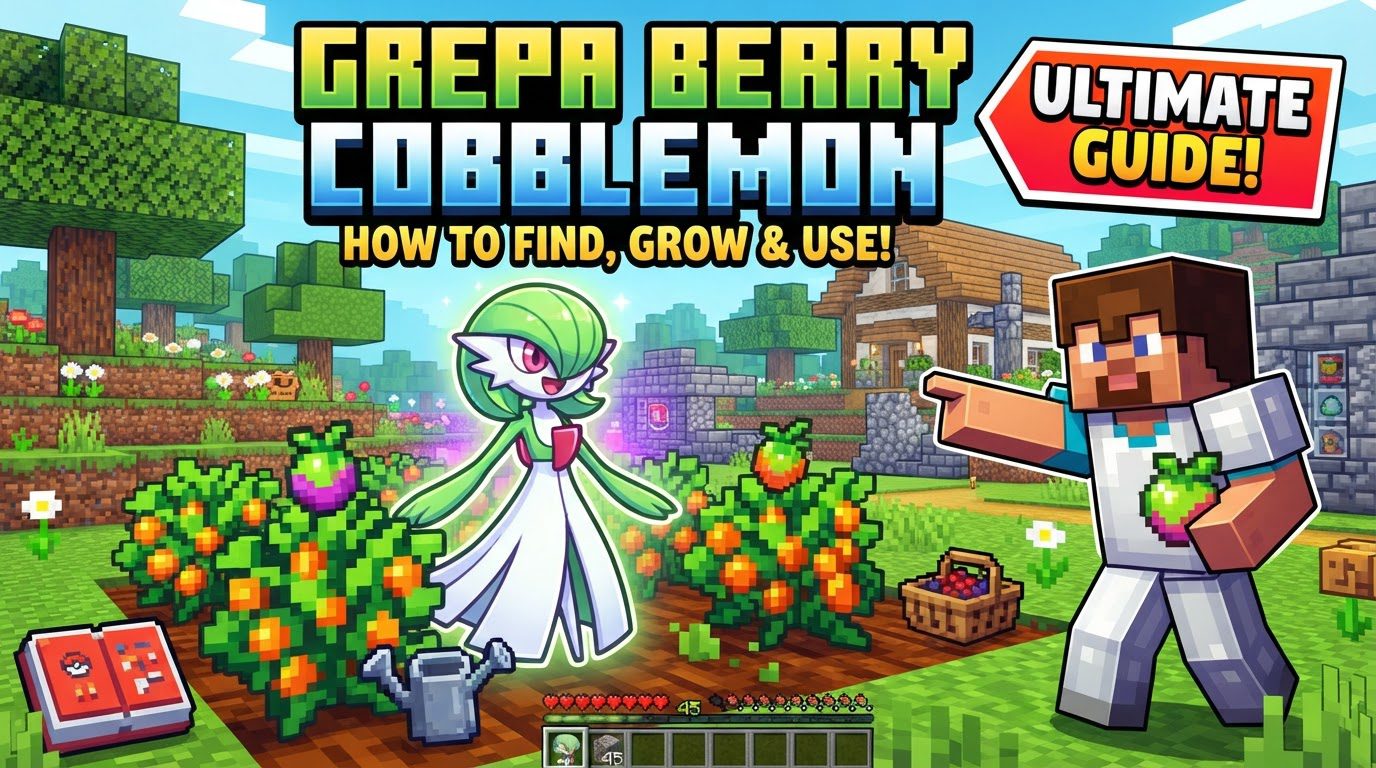 A player harvesting a glowing Grepa Berry from a berry bush on tilled farmland in a lush forest biome.