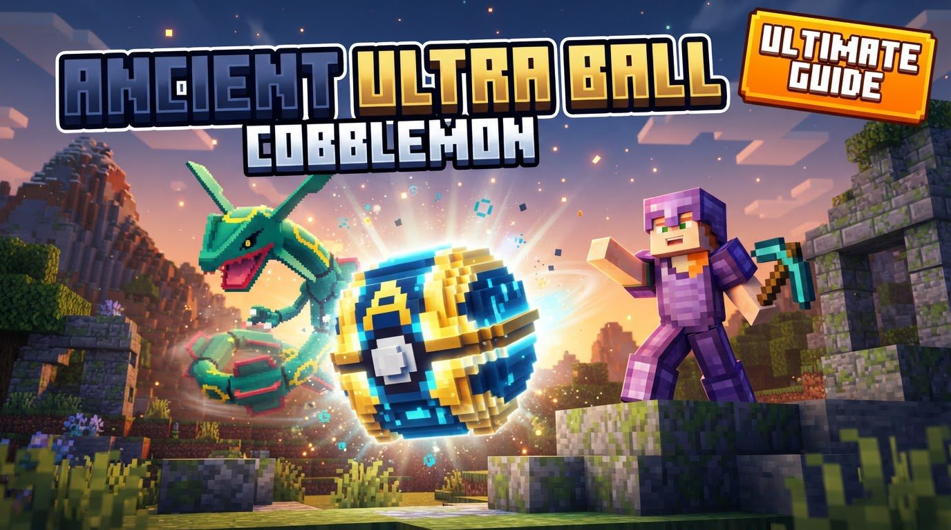 A player character in a Minecraft world holding an Ancient Ultra Ball, with a wild Pokémon in the distance.