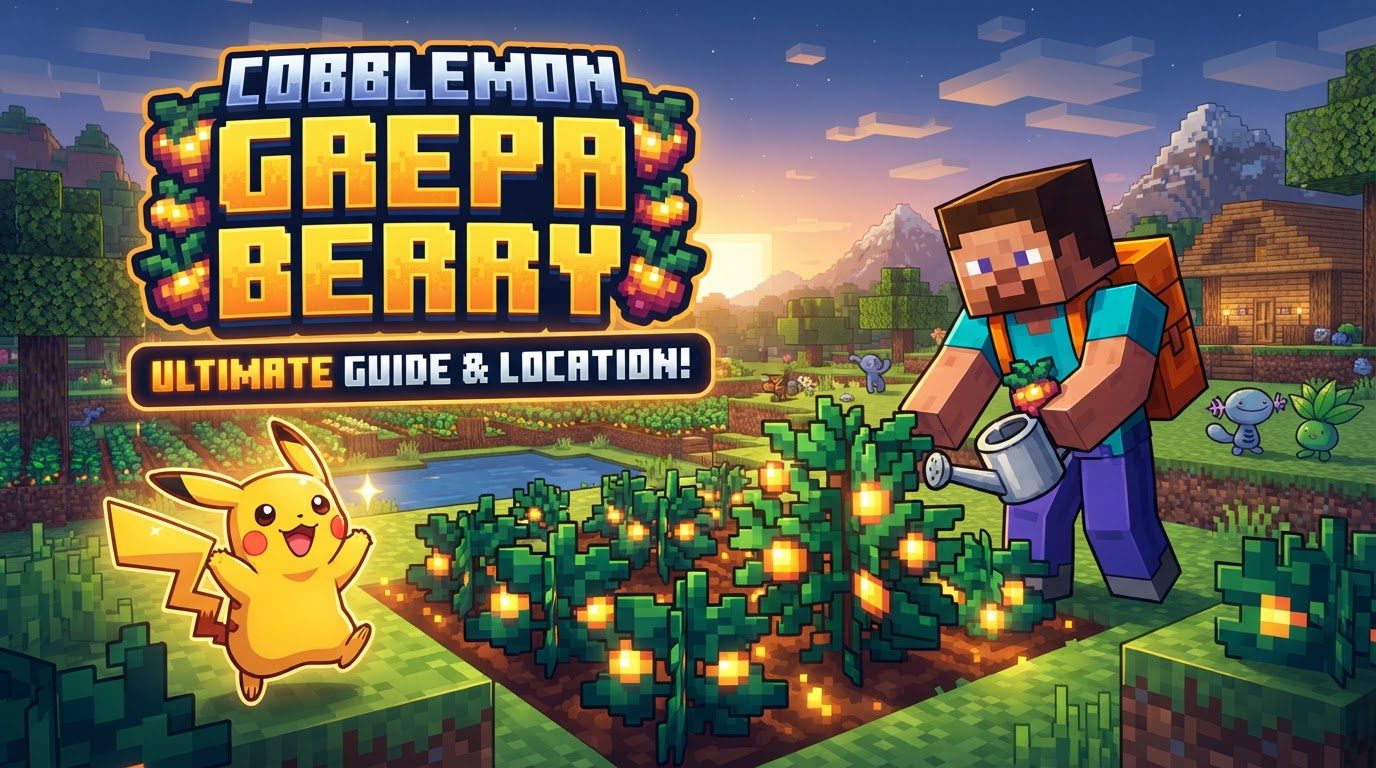 A lush Cobblemon berry farm with various berry plants on farmland, a few with glowing mutated berries, surrounded by a protective fence in a forest biome.