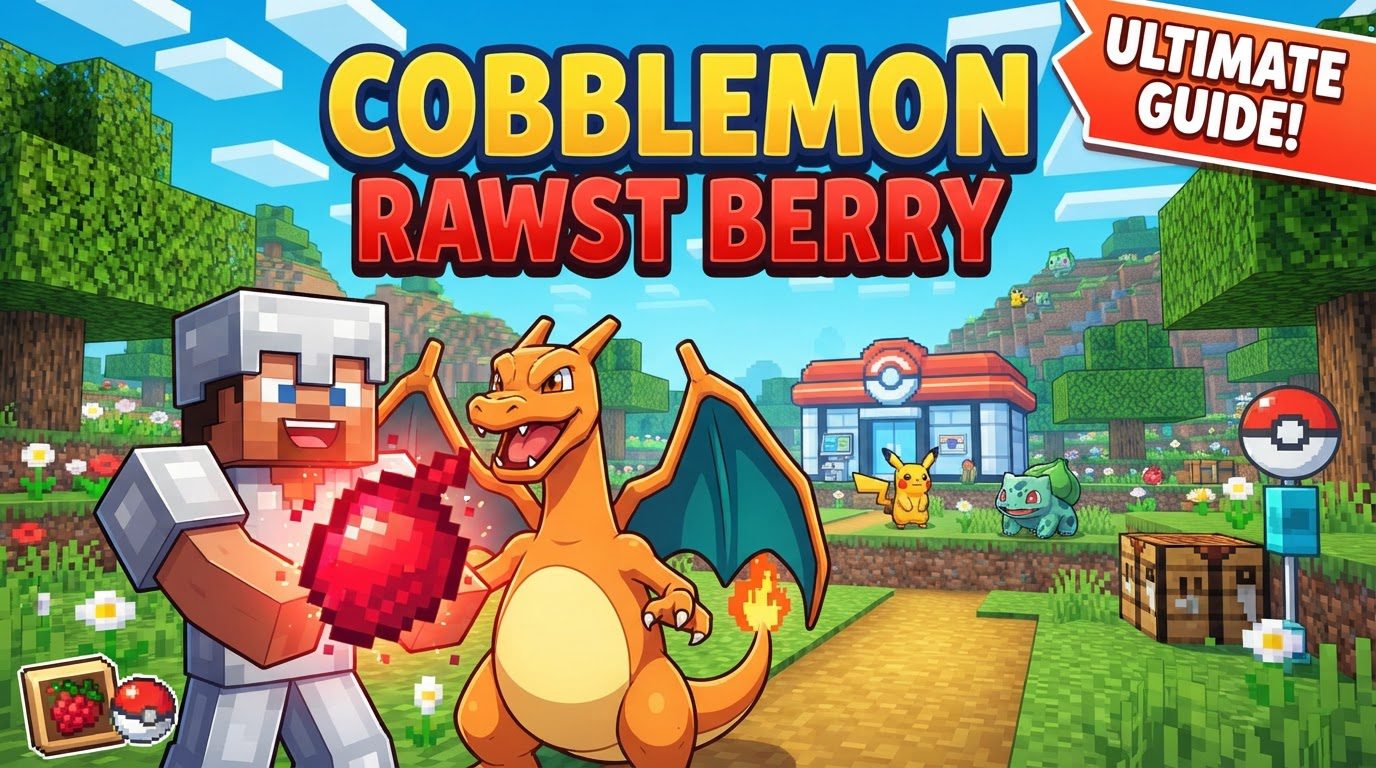 A vibrant Rawst Berry tree growing on farmland in an arid biome, with a Pokeball and fishing rod nearby.