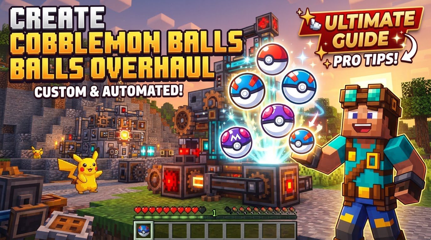 An intricate Minecraft factory with conveyor belts, mechanical arms, and gears actively processing Apricorns and assembling various types of Poké Balls.