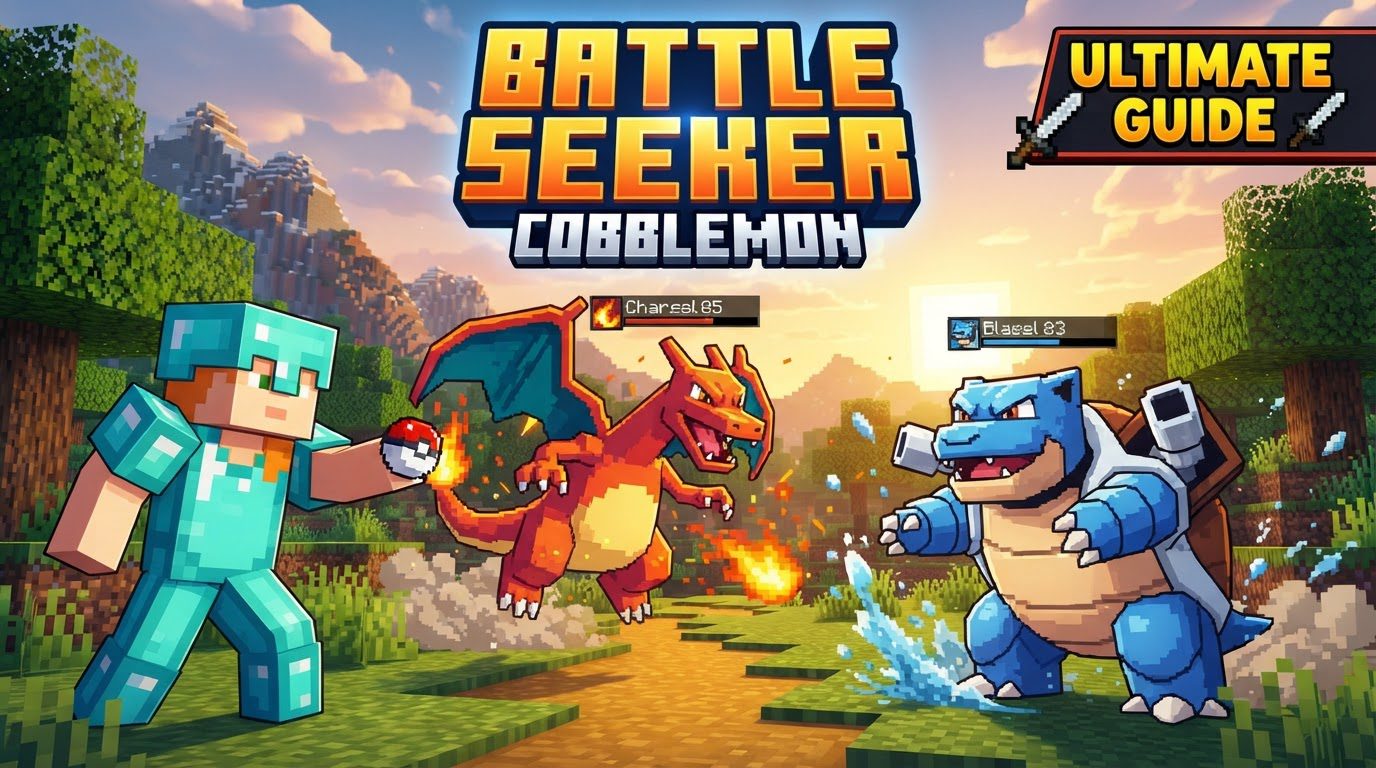 A player holding a map, with a glowing radar effect radiating outwards, superimposed over a distant, mysterious legendary structure on a Minecraft landscape.