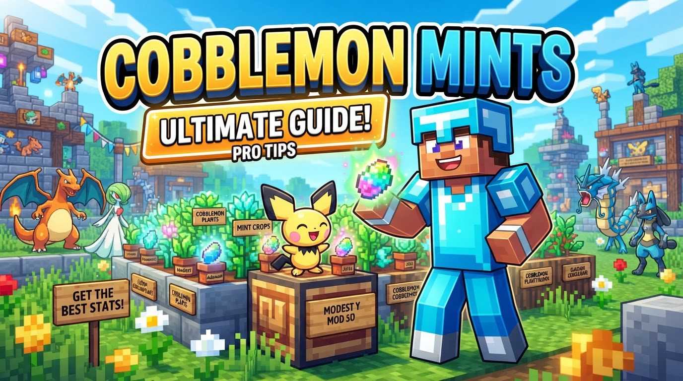 A vibrant Cobblemon mint farm with various colored mint plants growing on farmland under the sun, next to a crafting table.