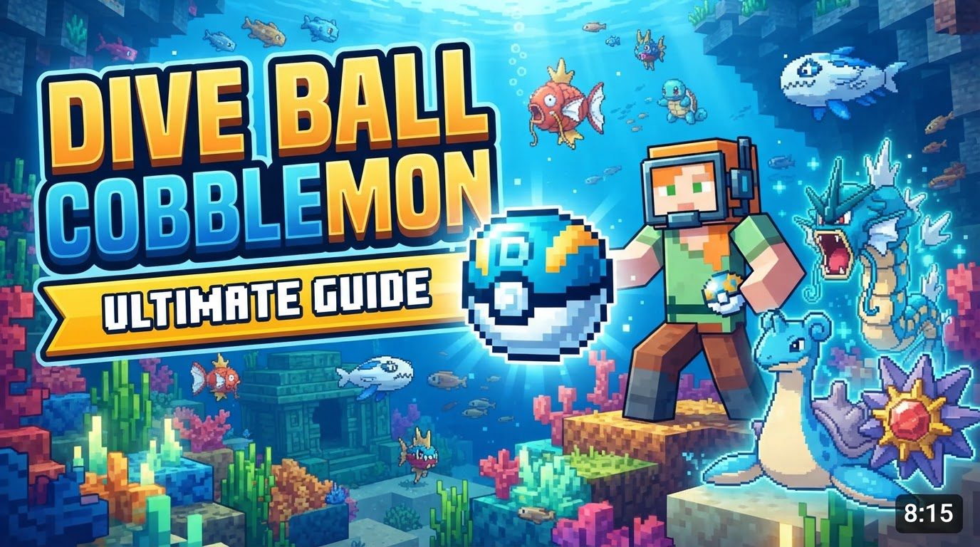 A player in Minecraft throwing a blue and white Dive Ball at a submerged Cobblemon in a clear underwater environment.