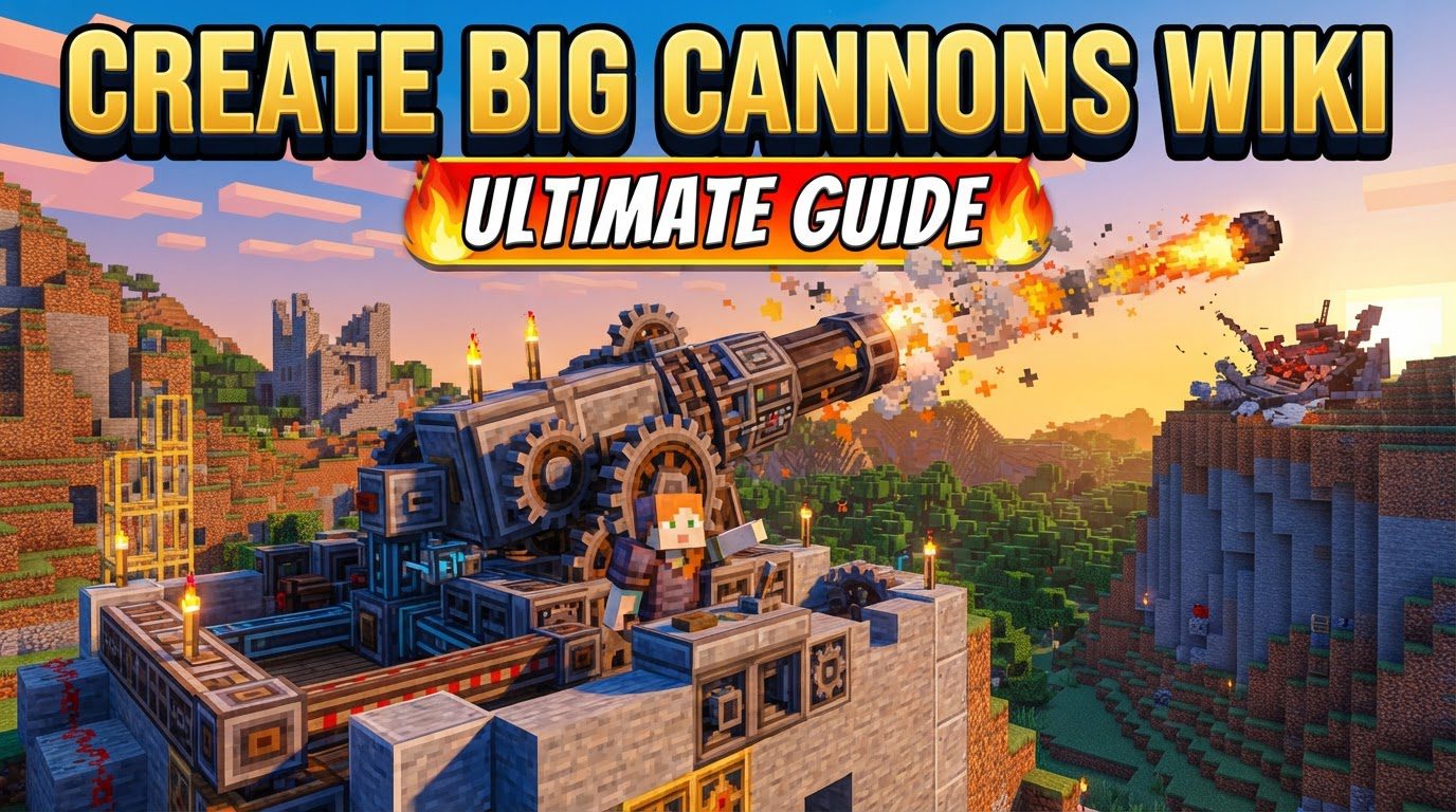 A large, grey modular cannon assembled on a trolley, aiming towards a distant target in a Minecraft world.