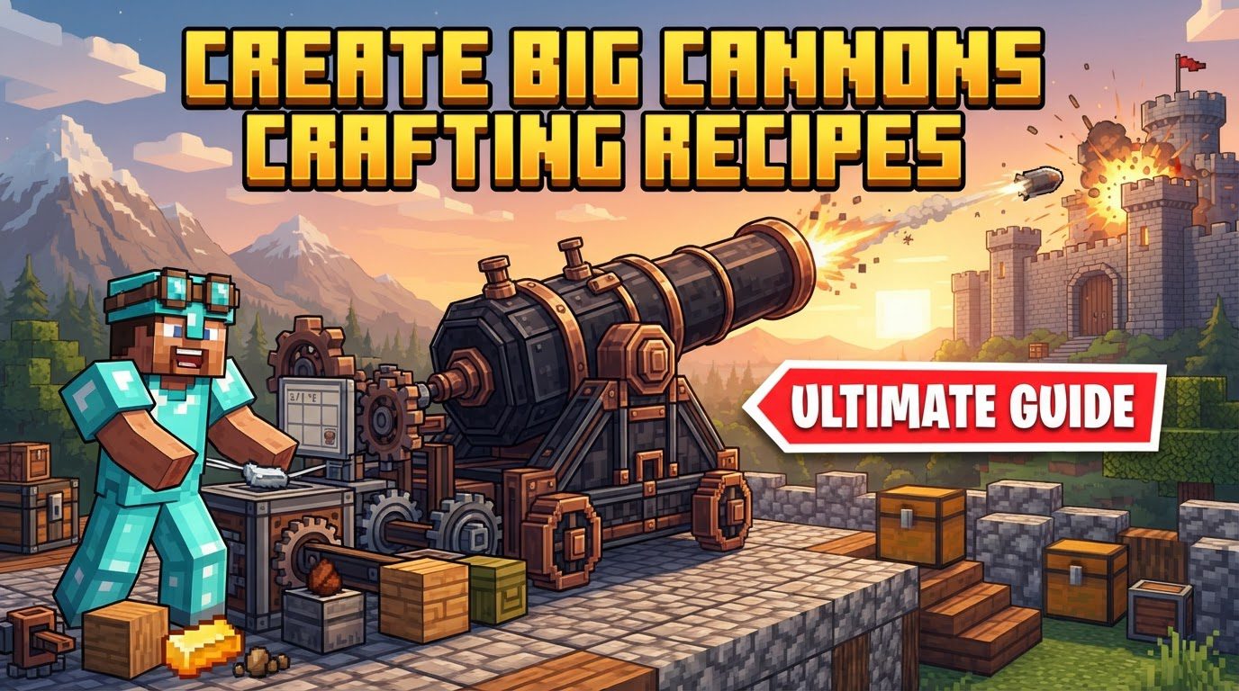 A complex, multi-block bronze cannon with gears and kinetic components from the Create mod attached, set against a Minecraft landscape.