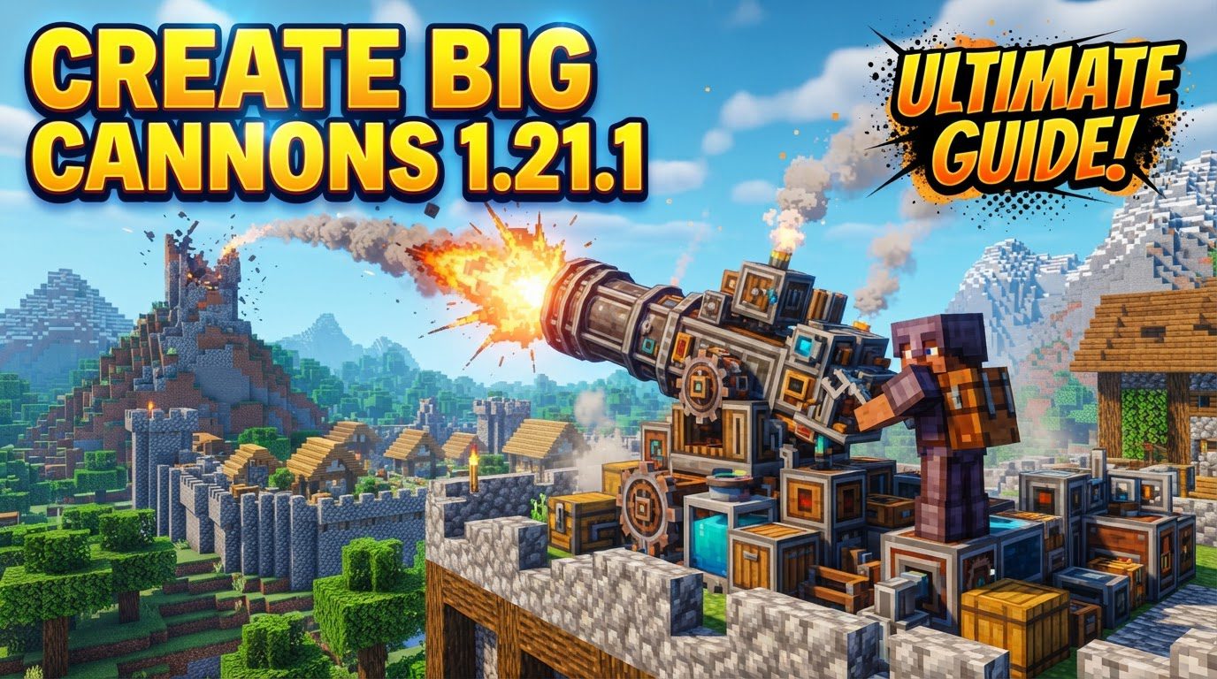 A massive multiblock cannon, constructed from steel and bronze, aims skyward on a fortified platform, with visible Create Mod gears and shafts automating its loading mechanism.