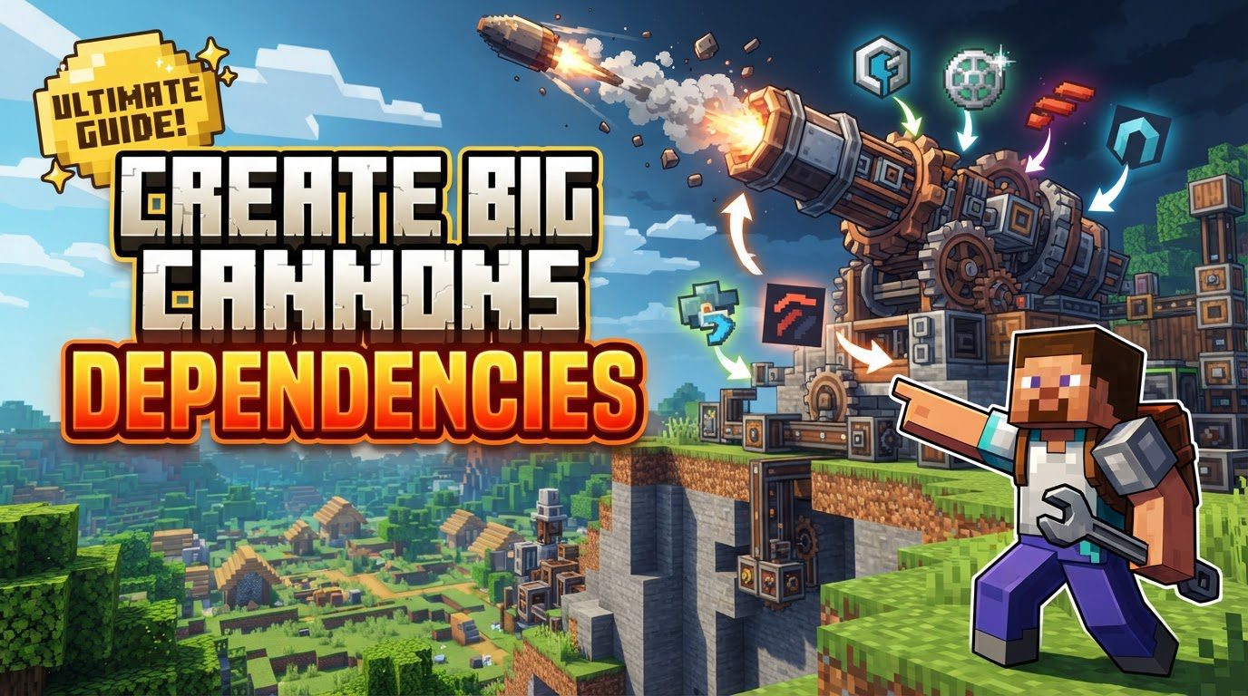 A massive, bronze multiblock cannon, powered by Create mod gears and belts, aims towards a distant, besieged fortress under a cloudy sky.