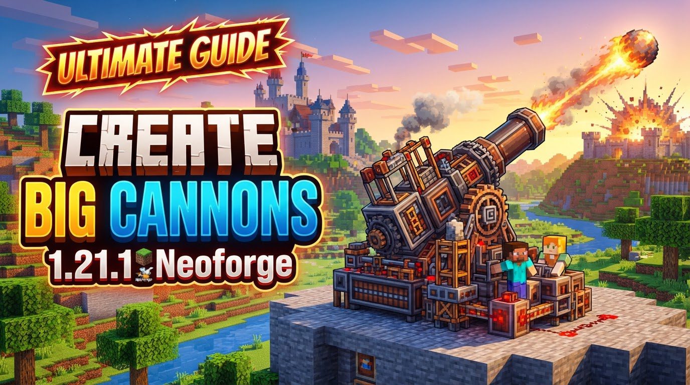 A grand multiblock cannon with intricate gears and loading mechanisms positioned on a fortified structure, aiming towards a distant target.