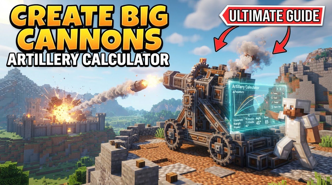 A complex Minecraft cannon setup with a Ballistic Calculator, Artillery Coordinator, and Network Manager connected to a large cannon, aiming at a distant target.