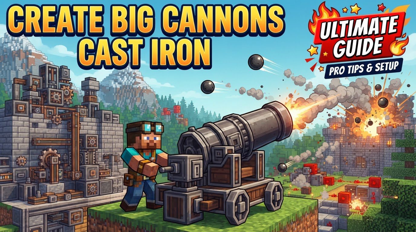 A grand cast iron cannon, fully assembled with a breach, barrels, and muzzle, standing ready on a mount with kinetic components for aiming, against a backdrop of a Minecraft landscape.