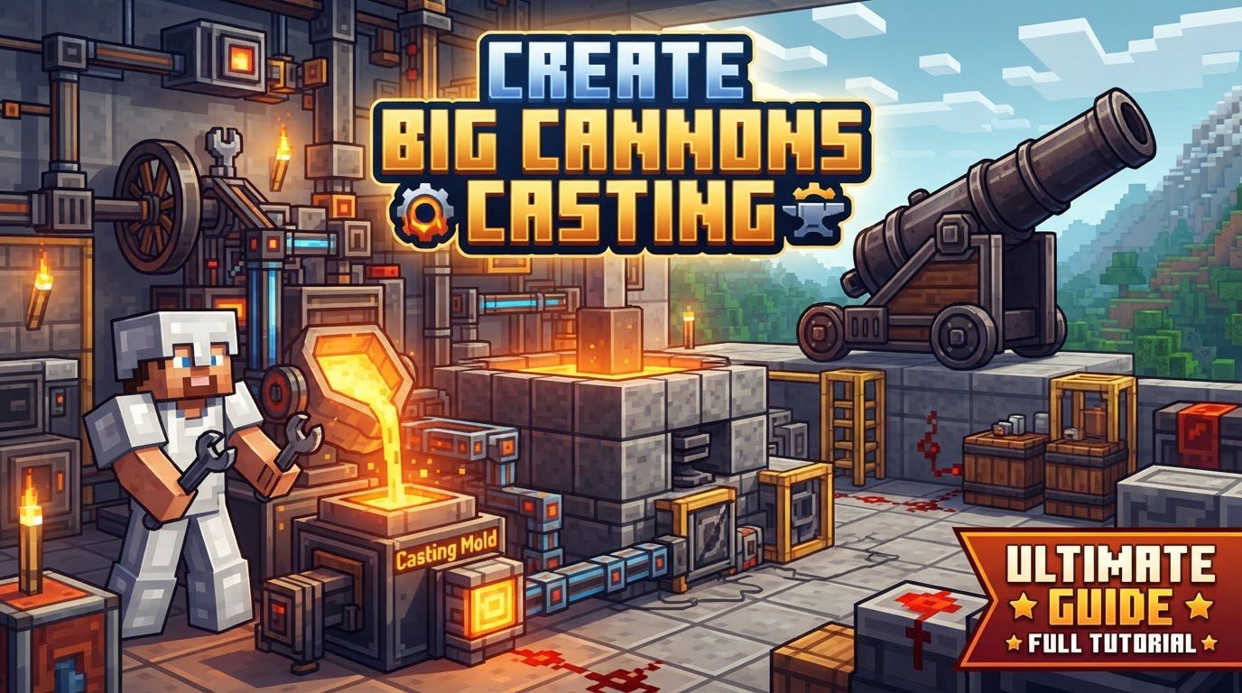 A grand multi-block cannon, freshly cast from steel, stands ready for assembly on a Minecraft landscape, with steam rising from a nearby heated basin.