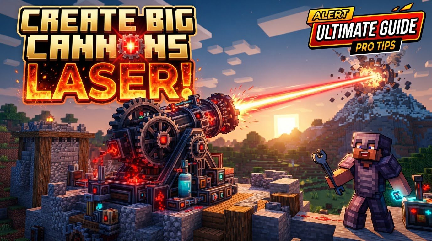 A massive laser cannon built in Minecraft, featuring intricate Create mod machinery, aiming a visible colored laser beam across a vast landscape.