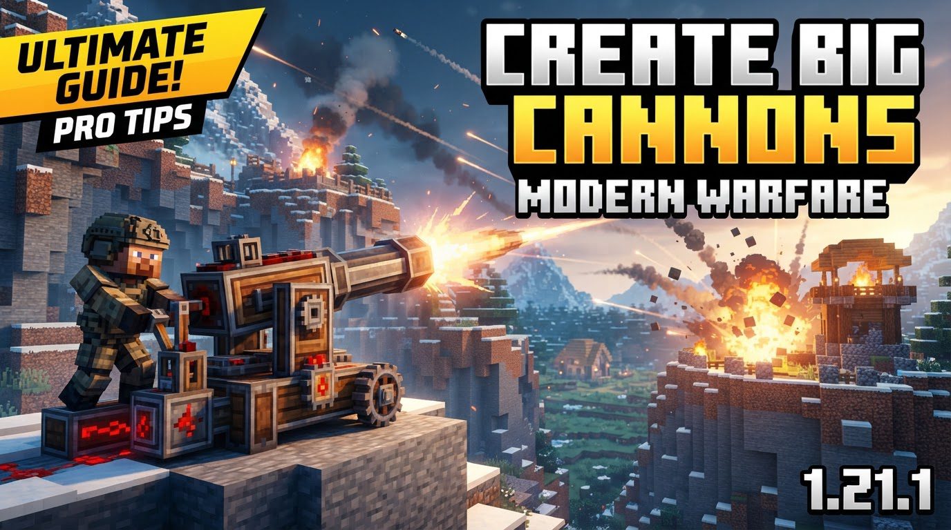 A massive multiblock cannon with multiple barrels and intricate Create mod gears and shafts, poised on a hill overlooking a distant structure.