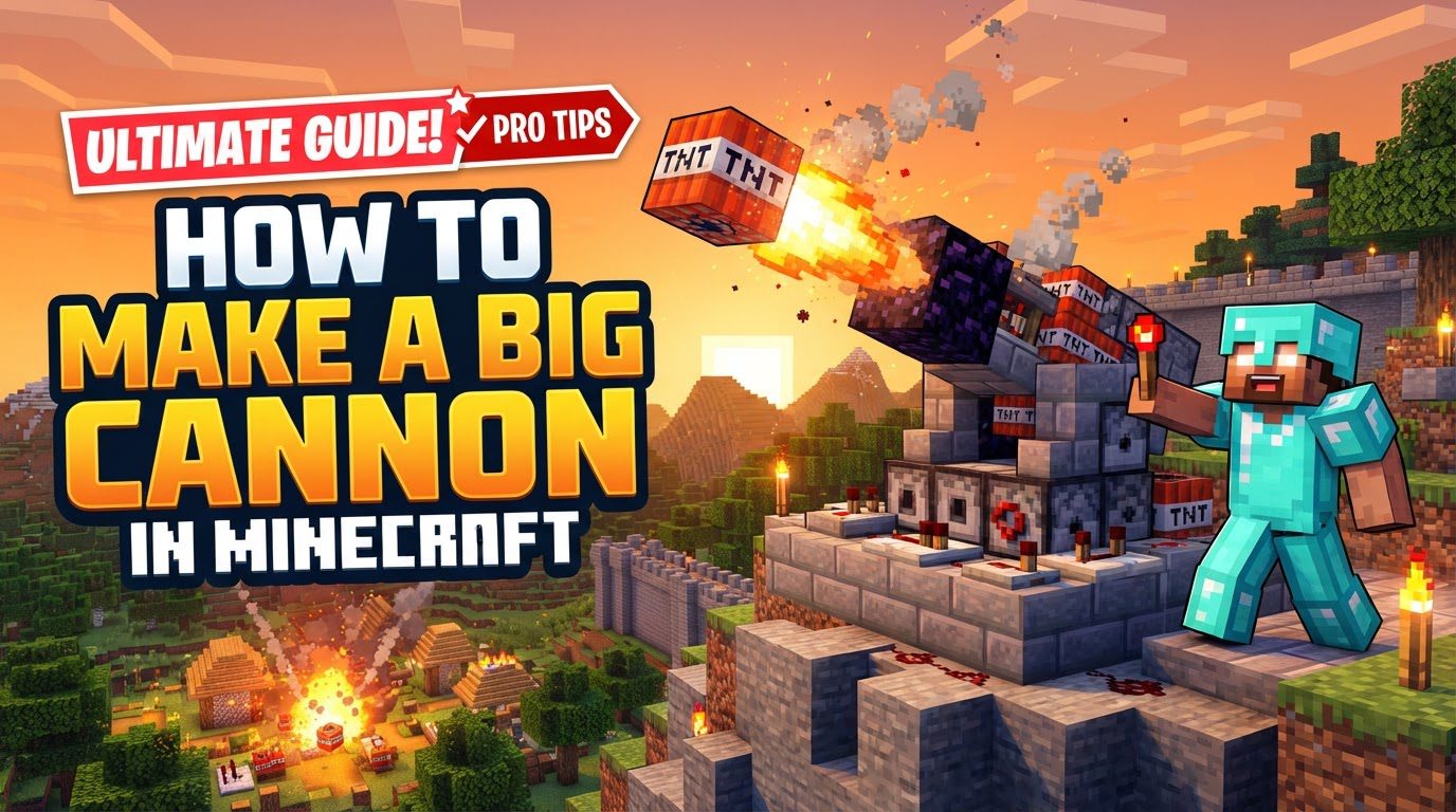 A large, obsidian-built TNT cannon with redstone wiring visible, ready to fire a TNT block into the distance.