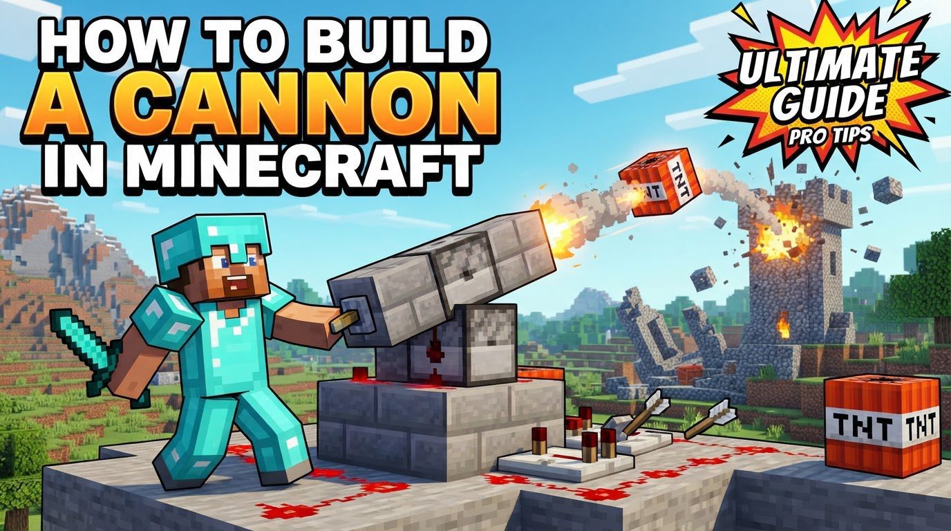 A functional TNT cannon made of obsidian, with redstone dust and repeaters visible, a water channel, and a piece of TNT ready for launch.