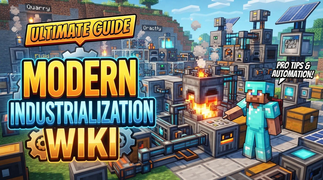 A sprawling Minecraft factory at night, illuminated by the glow of electric machinery and steam vents, with pipes crisscrossing between automated production lines.