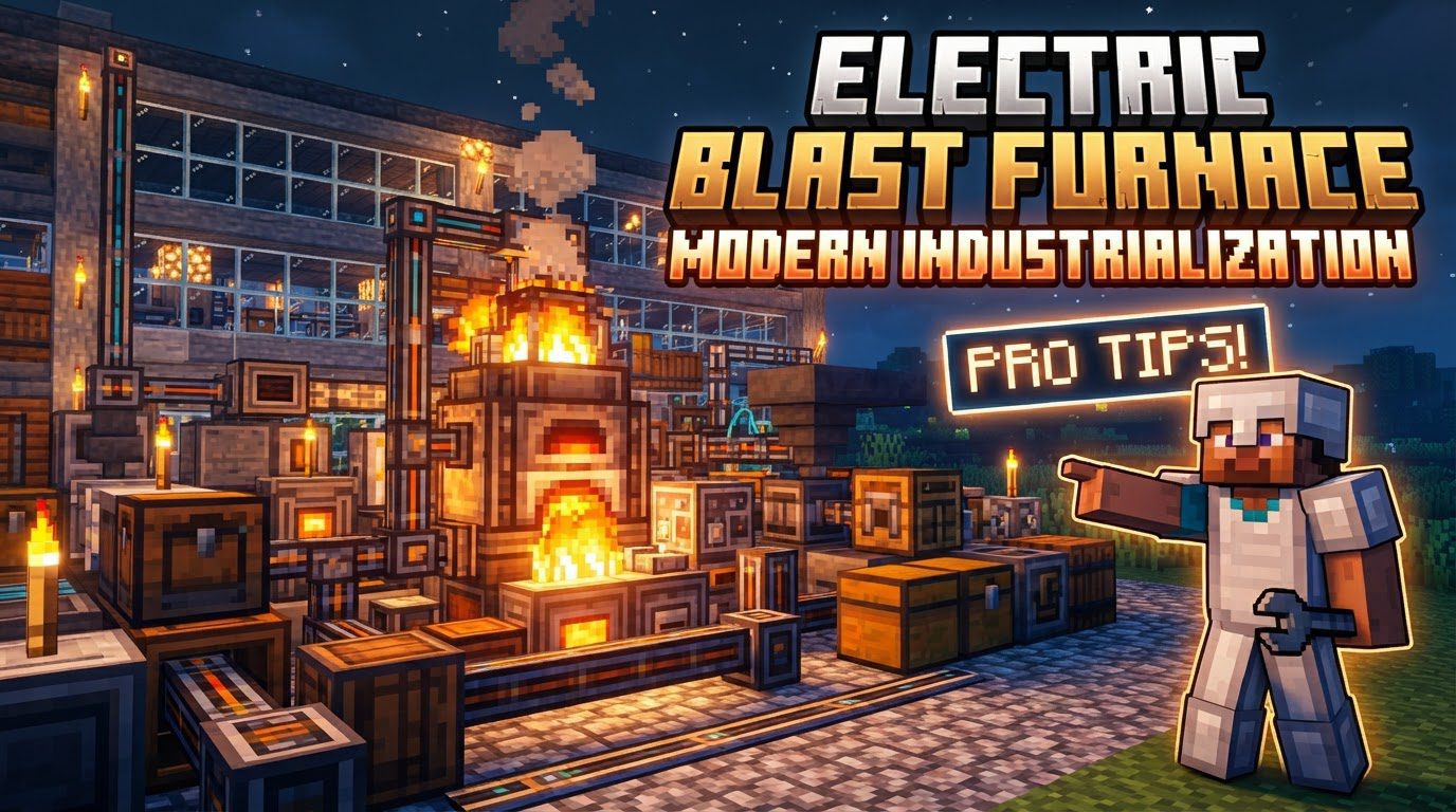 A fully constructed Electric Blast Furnace in a factory setting, with pipes and cables connecting to its various hatches, and automated systems feeding materials.