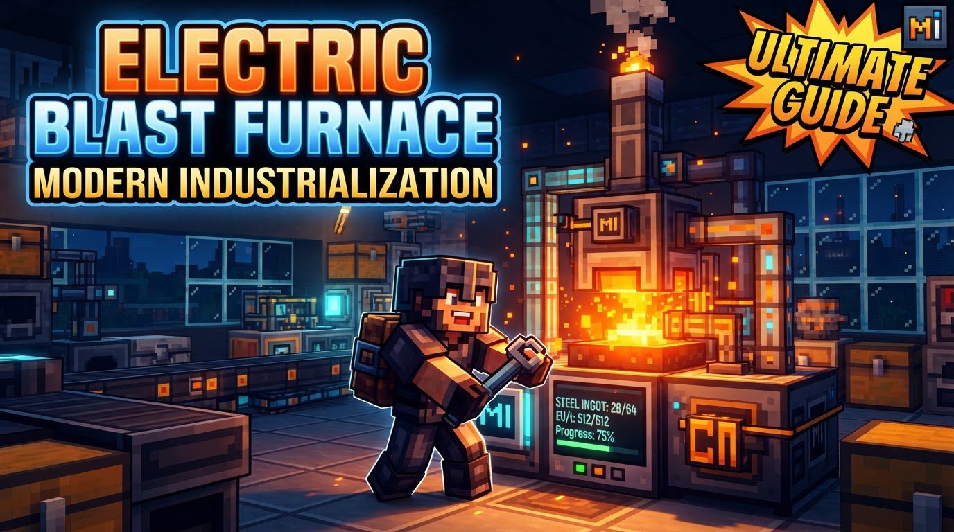 A grand, multi-block Electric Blast Furnace stands powered and active within a modern Minecraft factory, surrounded by automated item conduits and fluid pipes.