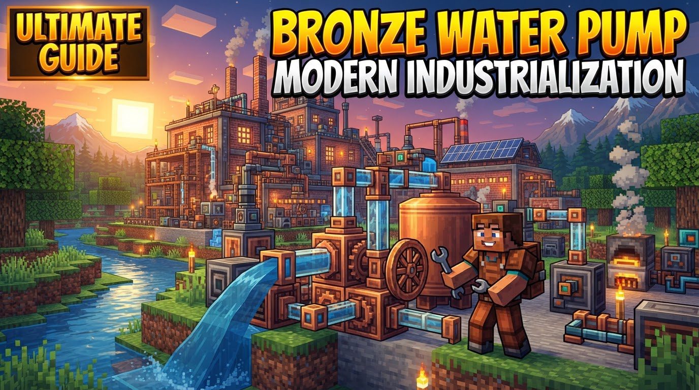 A Minecraft Bronze Water Pump connected with pipes to a Bronze Boiler, surrounded by water source blocks, within a dimly lit industrial setting.
