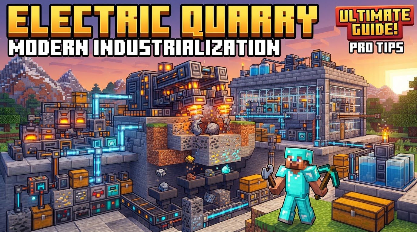 An Electric Quarry in Minecraft actively mining a large area, surrounded by power cables and automated transport lines.