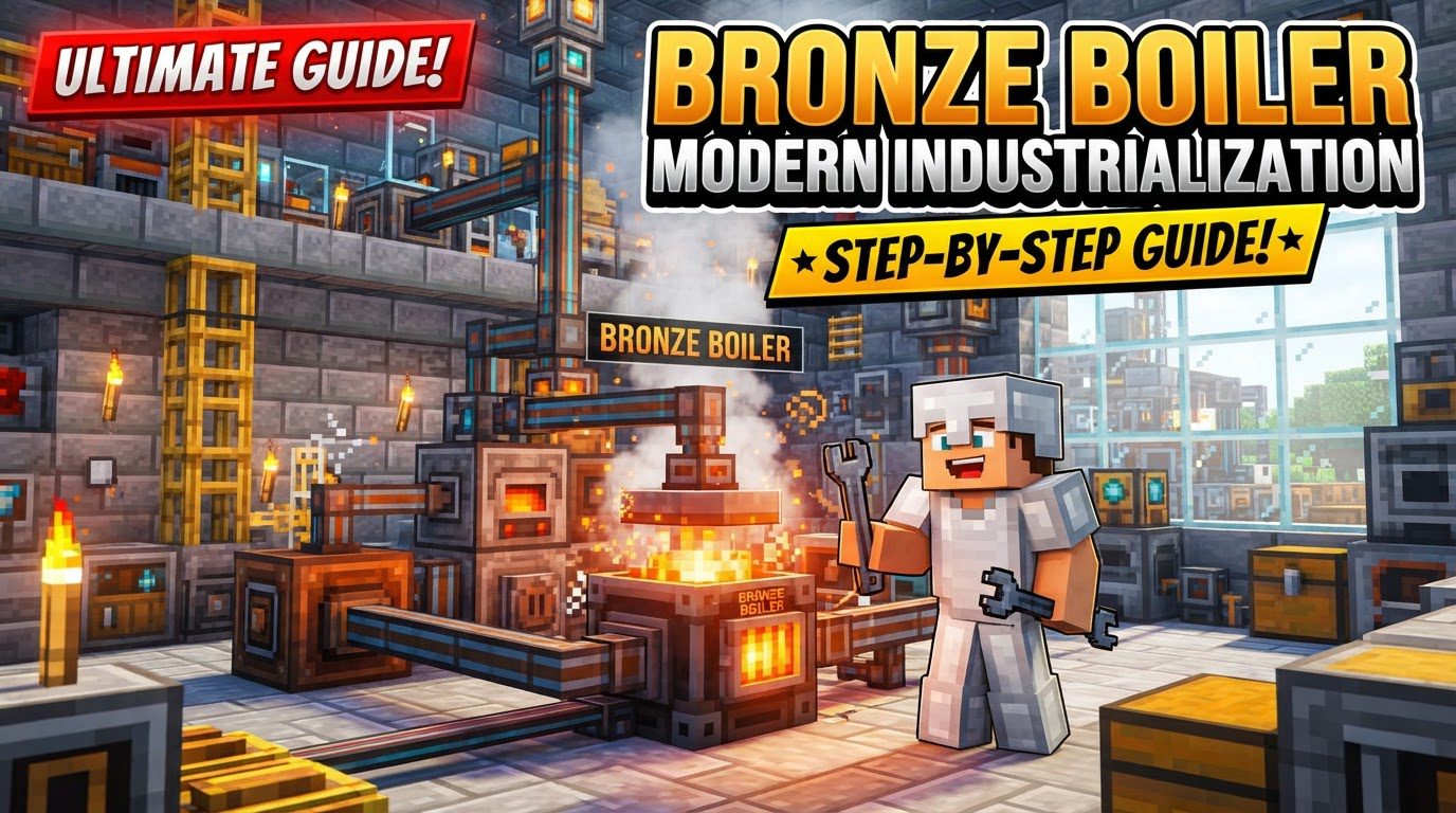A detailed view of a Bronze Boiler connected to a Bronze Water Pump via fluid pipes, with several bronze machines adjacent to the boiler, all operating within a rustic industrial setting.