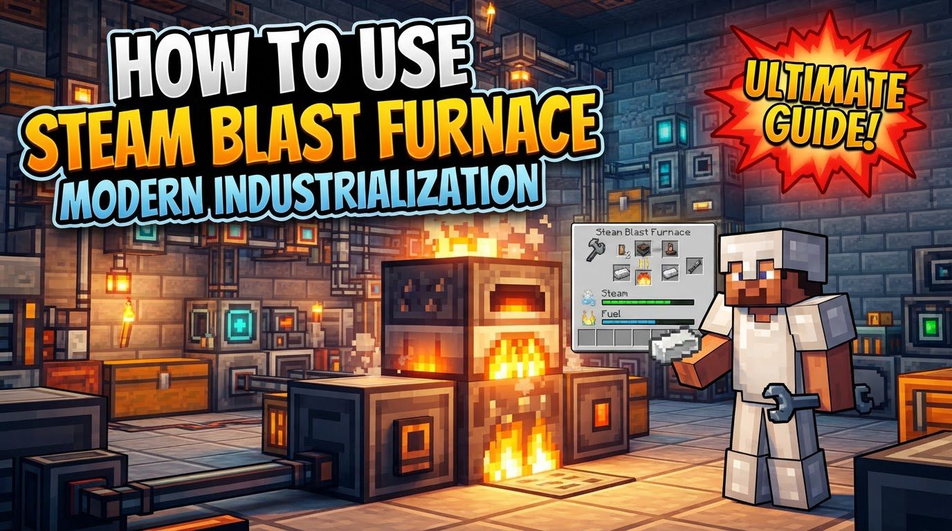 A grand multiblock steam blast furnace in Minecraft, surrounded by pipes, chests, and a steam boiler, actively smelting steel dust.