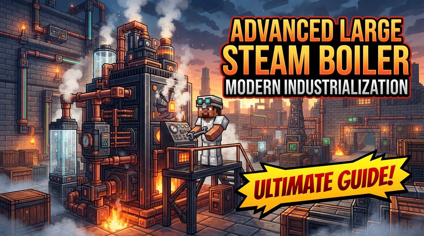 A complex multiblock structure of an Advanced Large Steam Boiler with various pipes connected, emitting steam, set within an industrial Minecraft base.