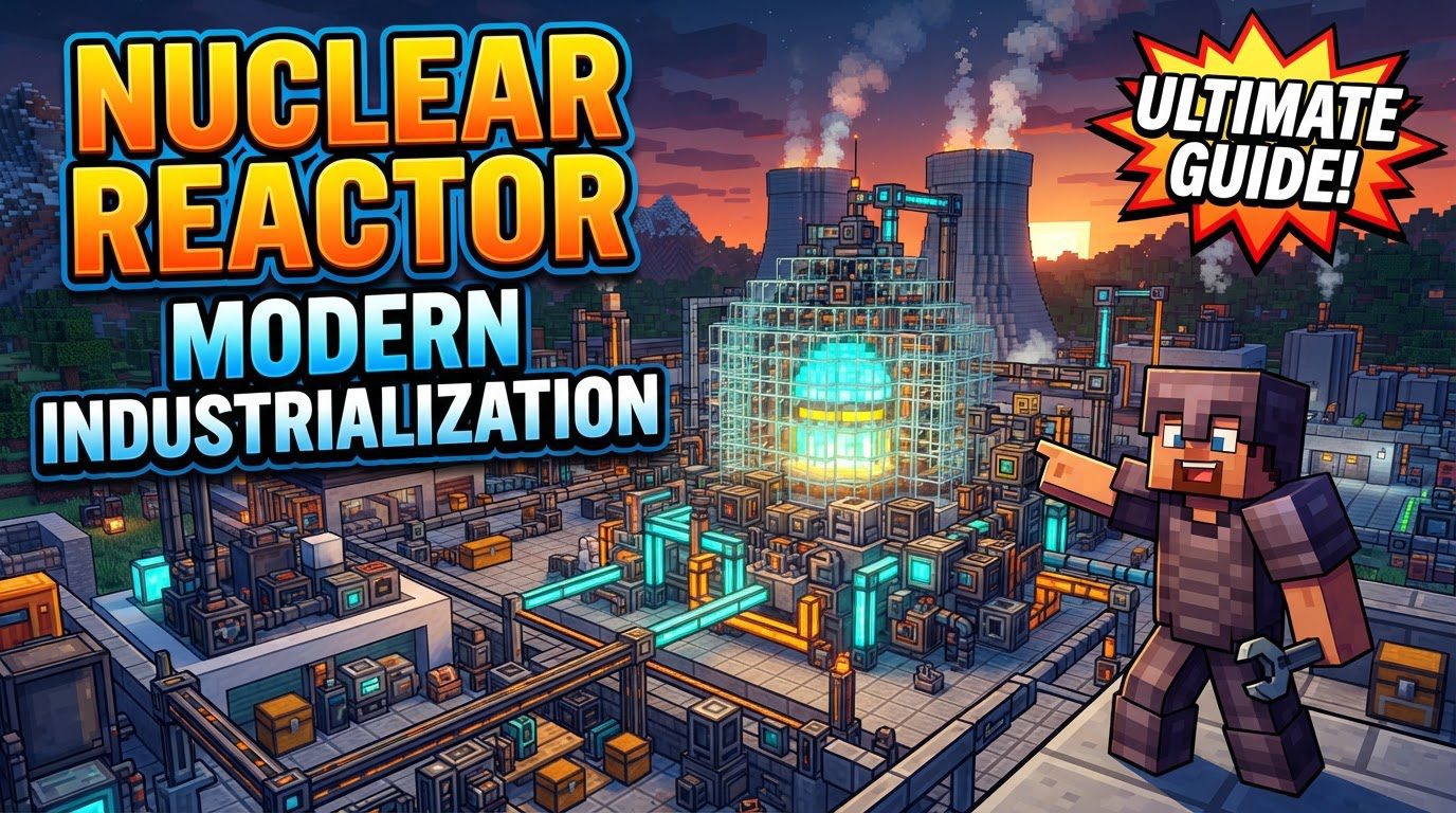 A complex Modern Industrialization nuclear reactor with glowing fuel rods, intricate pipework for coolant, and monitoring screens within a well-lit industrial facility.