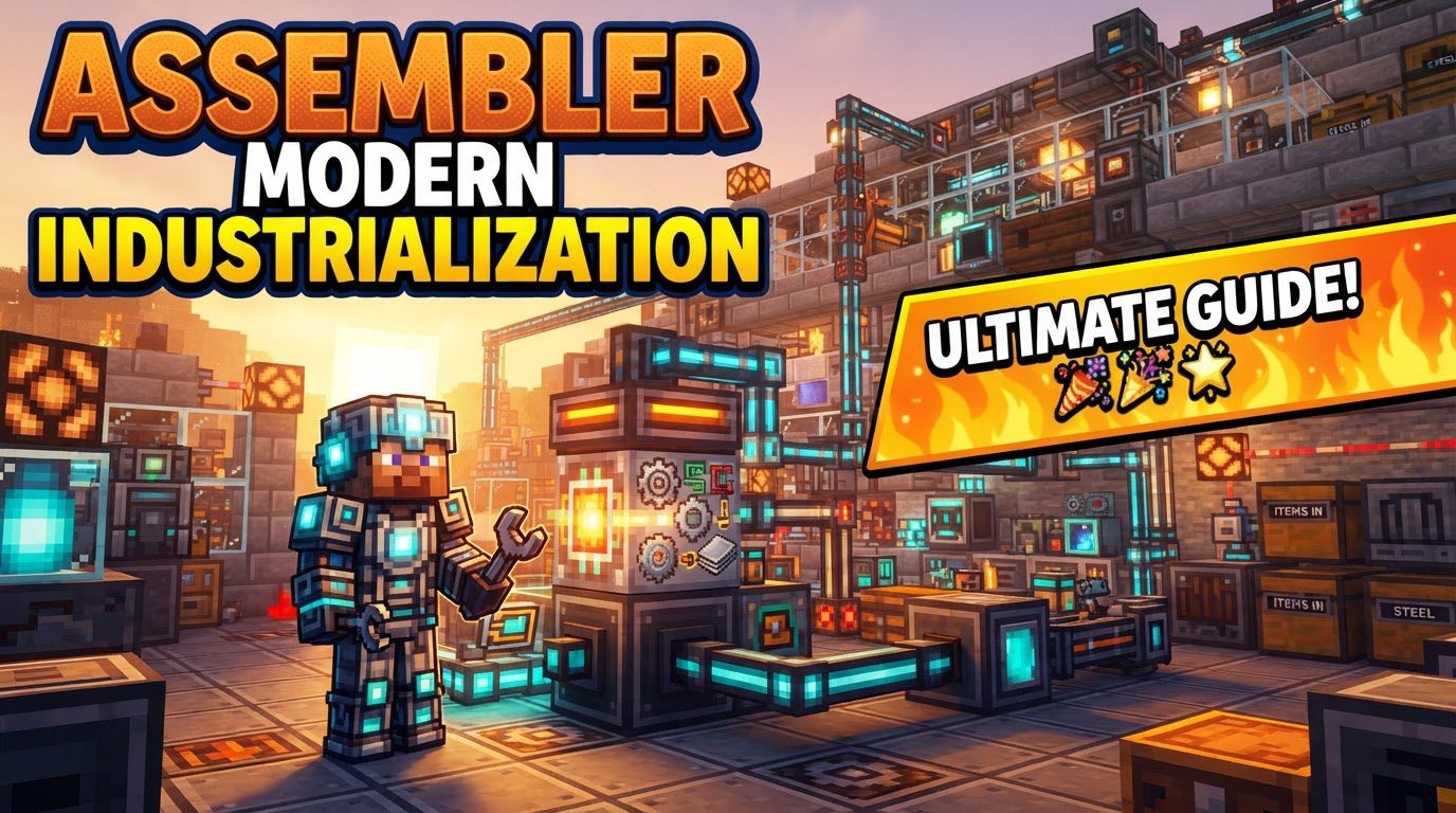 A complex Minecraft factory floor with multiple Modern Industrialization Assemblers actively crafting, connected by conveyor belts and power lines.