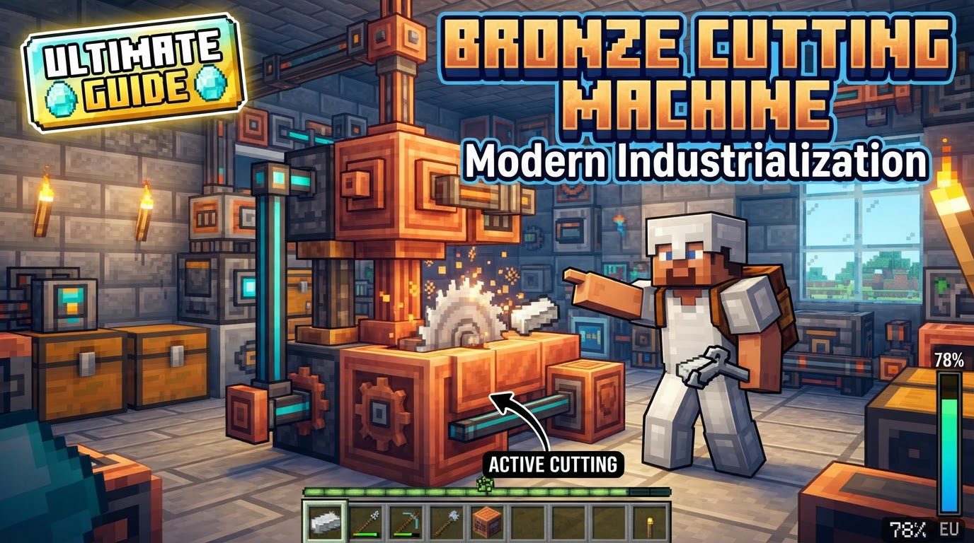 A compact Minecraft factory floor with several bronze-colored machines connected by steam pipes, processing materials, with a small boiler supplying power in the background.