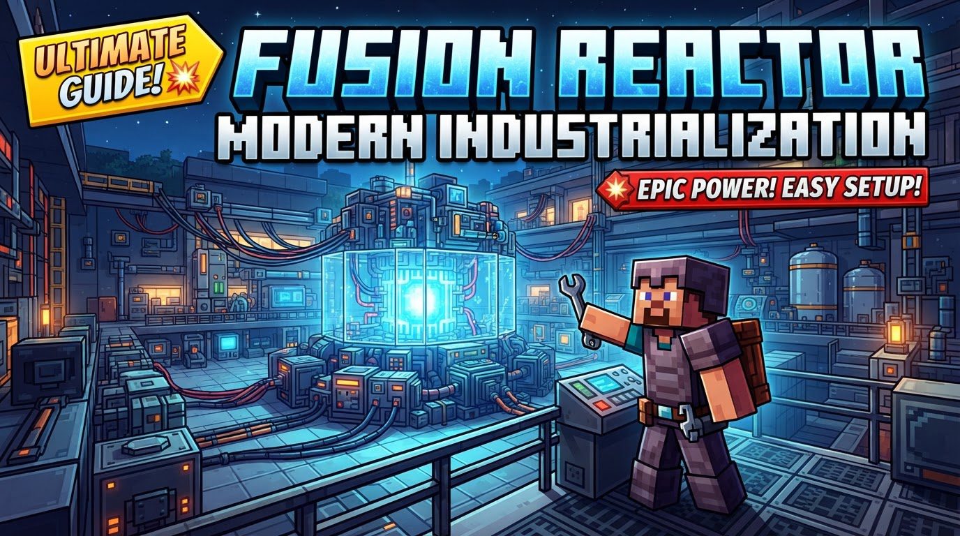 A complex industrial facility in Minecraft with a glowing central reactor and numerous interconnected plasma turbines, all under a clear blue sky.